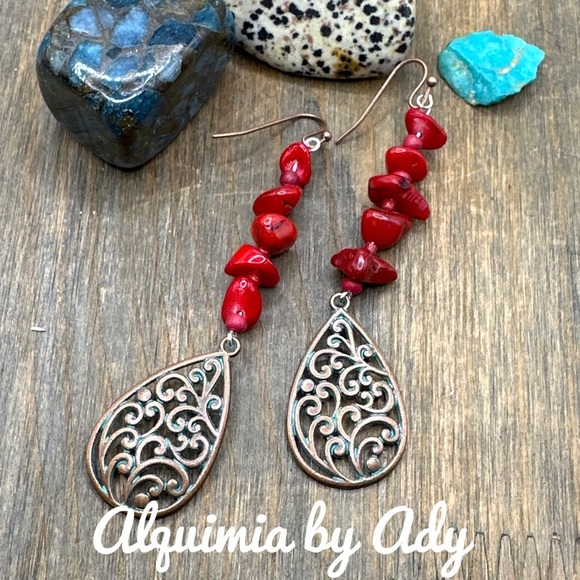 Bamboo coral brass statement bohemian dangle long earrings - Picture 1 of 4